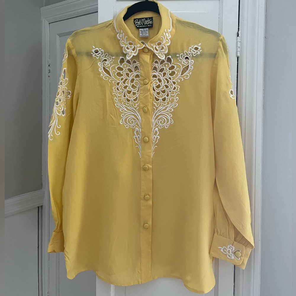 Bob Mackie Silk Blouse with White Embroidery